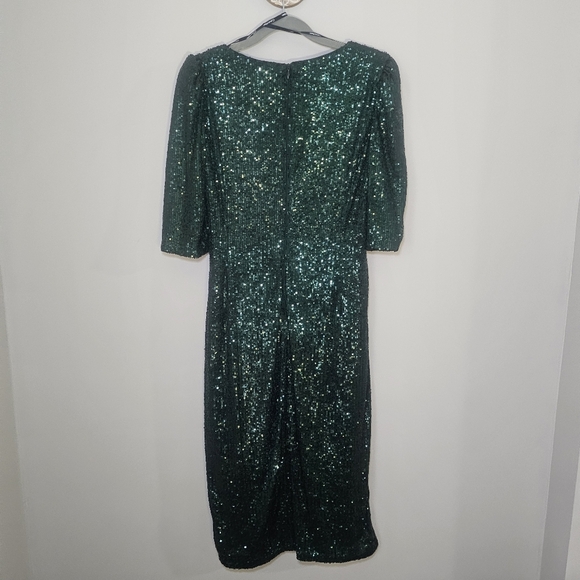 Calvin Klein Green Sequin V-Neck Midi Sheath Dress 3/4 Sleeve Size 14 - Picture 10 of 14